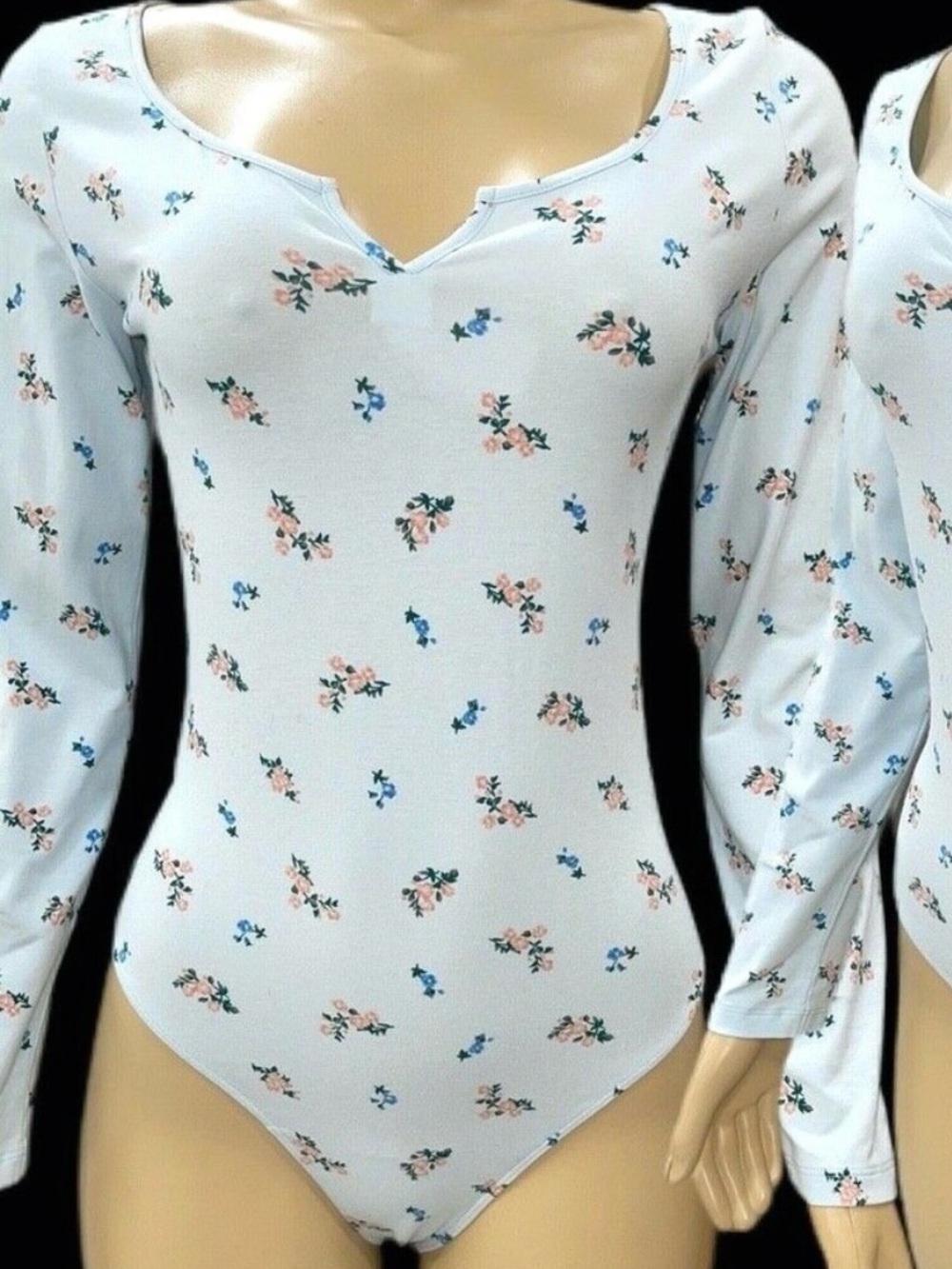 PINK Victoria's Secret Light Blue Floral V-Notch Long-Sleeve Bodysuit